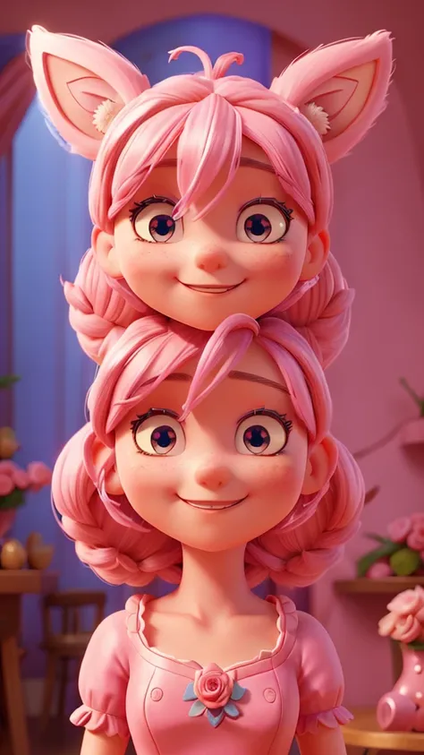 poppy queen, pink eyes, pointy ears, pink hair, Horse tail, headband with roses, smiling, looking at the viewer, Alone, standing, Blue dress,(incredibly detailed face, humanoid body, beautiful face, beautiful and very detailed eyes).