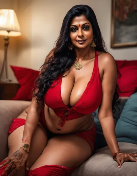 indian woman with age 40-45 with big breast, long hair, big eyes, sensual pose, show cleavage, red color bikni wear, deep nake i...