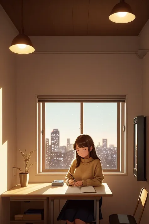 Cozy interior with a teenage girl sitting at a desk, wearing a sweater. She is writing, with a thoughtful expression, hanging golden stars. Window with a night view of the city. Intimate and warm atmosphere with soft lighting "Smooth animation style with c...