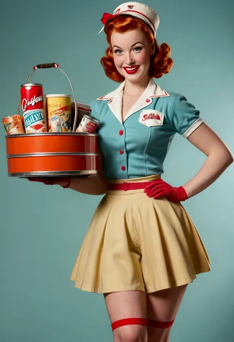 50s waitress, redheadwear, pinup, cinched waist , shorts, rollerskates, carrying tray with snacks, smiling, gil elvgren style.