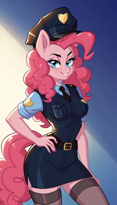 girl, police uniform, sexy roleplay, seductive posing, NSFW, mlp style, anthro character, Pinkie Pie, pink skin, long curly rose hair, sexy opaque stockings, little breasts, sexy arrest