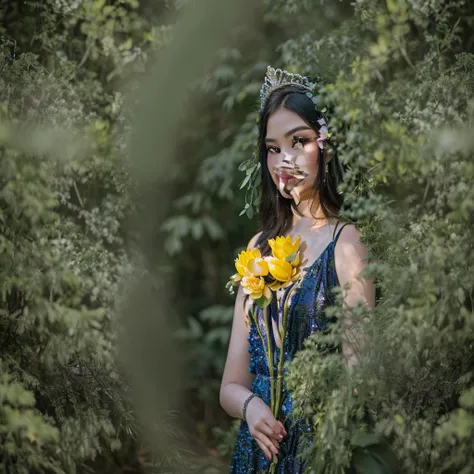 there is a woman with a tiara holding flowers in a forest, with flowers congeladas a su alrededor, female portrait with flowers, Photo taken with Canon 5D, flower queen, girl in flowers, lotus floral crown girl, with flowers, photo tomada with nikon d 7 5 ...