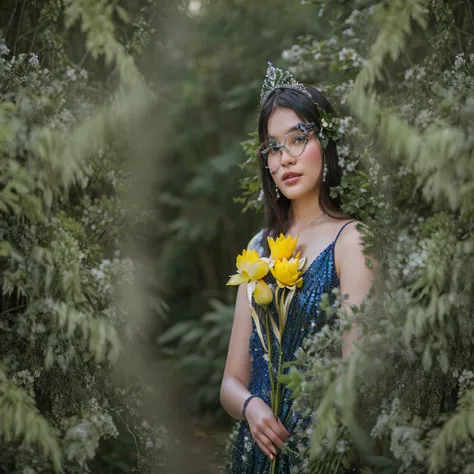 there is a woman with a tiara holding flowers in a forest, with flowers congeladas a su alrededor, female portrait with flowers, Photo taken with Canon 5D, flower queen, girl in flowers, lotus floral crown girl, with flowers, photo tomada with nikon d 7 5 ...