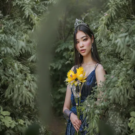 there is a woman with a tiara holding flowers in a forest, with flowers congeladas a su alrededor, female portrait with flowers, Photo taken with Canon 5D, flower queen, girl in flowers, lotus floral crown girl, with flowers, photo tomada with nikon d 7 5 ...