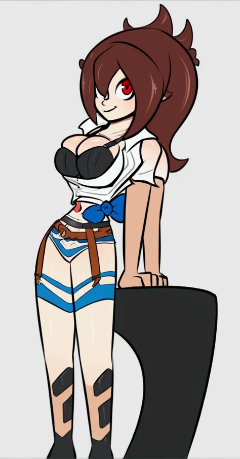 A tall girl, sexy, beautiful, big breast, cute, long brown hair, her red eye, wears a short white beach shirt, shows her chest, a black bra, and a short blue short, a brown belt, and a black heel.