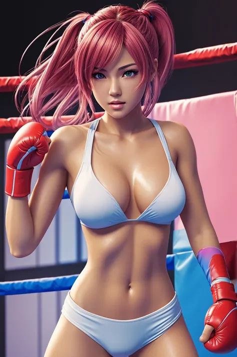 Bright and realistic colors, Light colors, realist, High Quality Details 1:2, A half-naked woman, anime style, boxing buantes