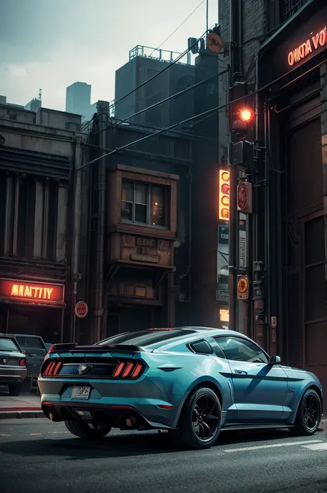 cinematic film still breathtaking (Futuristic ford mustang),side view,intricate details, armored car,missile launcher,oversized tires
Arkham city streets,
bright neon lights,
multicolored lights.
vivid colors, vivid contrast, bold colors, 
white paved road...