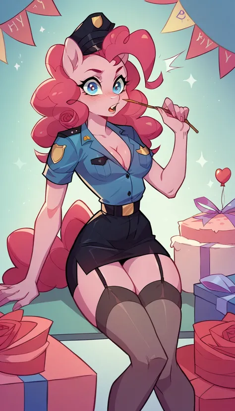 girl, police uniform, sexy roleplay, seductive posing, NSFW, mlp style, anthro character, Pinkie Pie, pink skin, long curly rose hair, sexy opaque stockings, little breasts, surprise birthday party, 