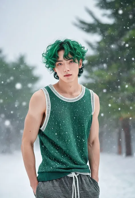  Japanese male model, face freckles, with viridian green eyes, short curly viridian green hair, wearing a loose tank top, and joggers, in a red high top sneakers,(masterpiece:1.35),(best-quality:1.4),8k,ultra-detailed,photography,(ultra-realistic:1.4), adu...