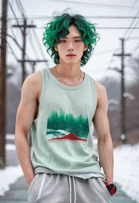  Japanese male model, face freckles, with viridian green eyes, short curly viridian green hair, wearing a loose tank top, and joggers, in a red high top sneakers,(masterpiece:1.35),(best-quality:1.4),8k,ultra-detailed,photography,(ultra-realistic:1.4), adu...