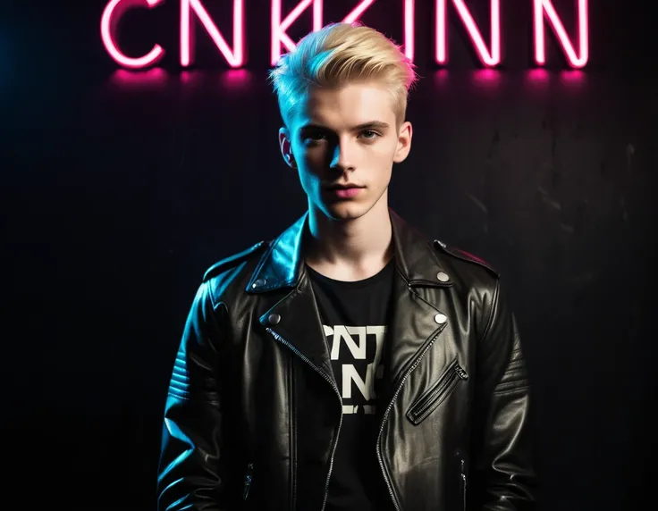 photorealistic, dark vibes, solo, young man, 22 years, pale skin, model (skinny:1.3), (short stylish blond hair:1.5), (black lea...