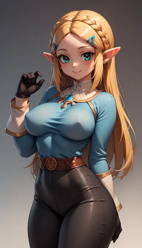 High resolution, Very detailed, perfect lighting, beautiful detailed eyes,   ((masterpiece,Best Quality)), absurdities, alone,     princess zelda, by the width, crown braid, Hair clip, pointy ears, blue shirt, long sleeves, Gloves without fingers, black gl...