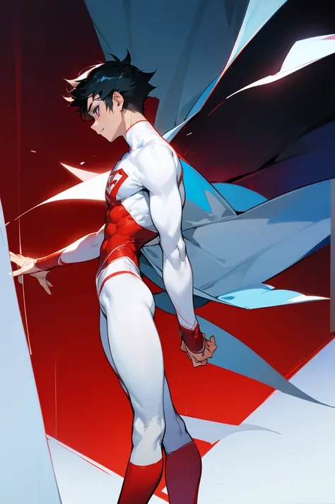 Young male superhero standing in the room，He wears only white leggings，He wears red stockings on his feet, black eyes,