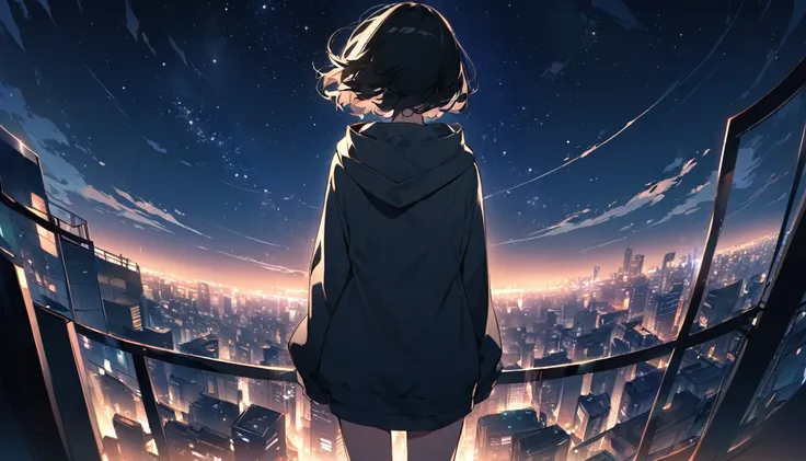 Starry Sky、Night view、City、One woman、Black Hair、Short Hair、Hair blowing in the wind、Wearing a hoodie、back、Full body portrait