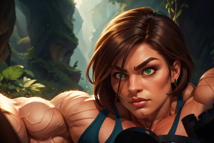 (masterpiece:1.2), (best quality), (ultra detailed), (8k, 4k, intricate),(full-body-shot:1), (highly detailed:1.2),(detailed face:1.2), (detailed background), muscle woman with dark hair, woman with huge muscles, stern expression, green eyes