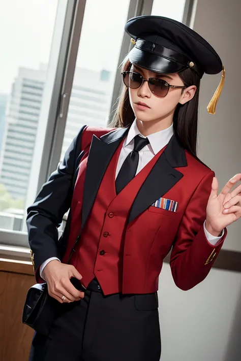 Falcon with uniform or suit and graduation cap. Clothes with shades of red, lead and/the black. Who teaches and explains important process topics.