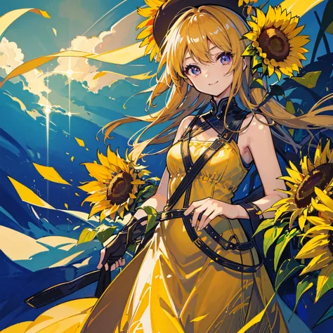 Sunflower themed artwork, ((Highest quality)), High resolution, 8k, Cinematic Light, High Contrast, Written boundary depth、Summer Dresses、smile、Approachable、warm、sharp、beautiful, Strong brilliance, Detailed Background, One Girl, cute, fine grain, Shining E...