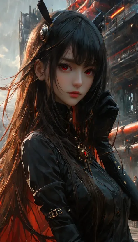 a woman dressed in anime style under a futuristic building, 1 girl, dress, alone, hair, gloves, two stories, futuristic landscape.1.5, looking at viewer, red eyes, long hair, black gloves, long sleeves, long hair, steampunk、Short hair , very detailed oil p...