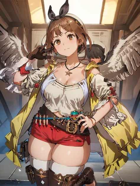 Highest quality、high resolution、Lizaのアトリエ、Liza、Huge breasts:1.5、sagging breast:1.2、Plump thighs、Official Costume、Leaning forward and staring、face focus、pigeon toed、from below