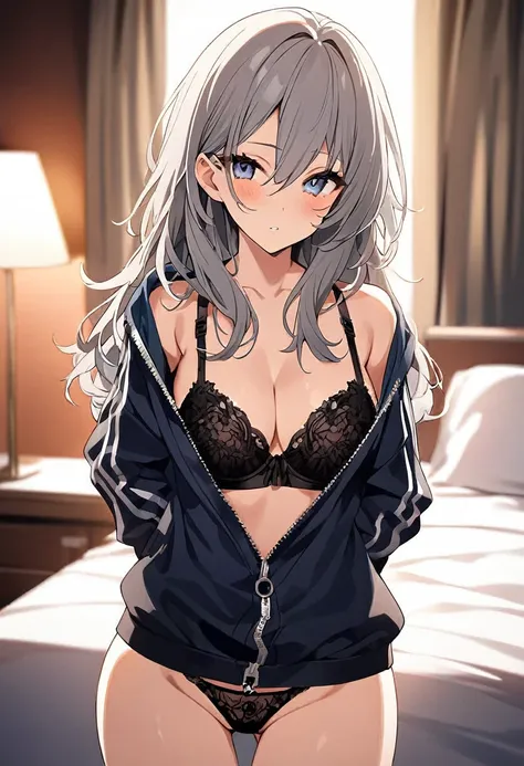 one girl、grey hair、short、underwear、on the bed、hotel、university student、whole body、black bra、black panties、high quality，very deta...