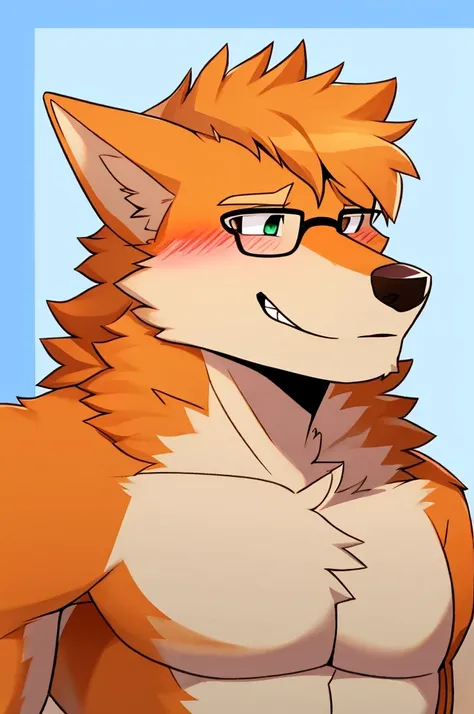 An orange wolf with glasses showing his sheip with his hand on the back of his head blushing male 