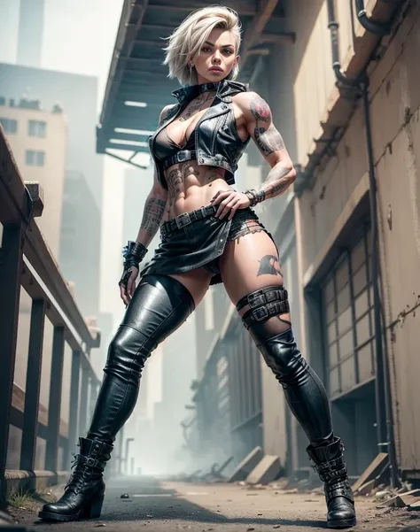 (((whole body))),super muscular build and average breasts.,wearing an open black leather vest..,There is a black leather belt at the waist, tight pants, and heavy boots, She has a punk rock look and an asymmetrical bob hairstyle... Tattoos all over her bod...