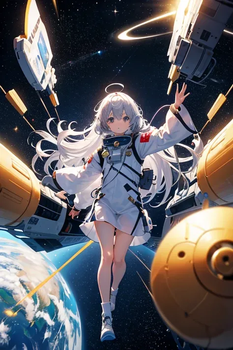 masterpiece, Highest quality, High resolution，Follow the on-screen instructions、Anime Style、Follow the prompts、One Girl、Long silver hair、、universe space、Confused、Spacewalk、Reaching out to the earth、Adrift in Space