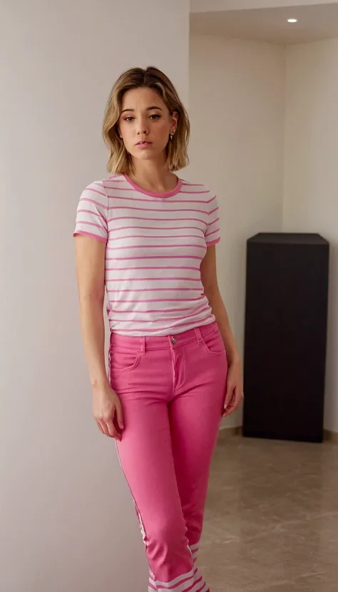 puffy woman standing in a room with pink pants and striped shirt, photo by full body, pink clothes, pink body, half body cut, A little pink, woman in her mid 20s, full body front view, wearing pants and t-shirt, front pose, usando um top cropped sexy, cove...