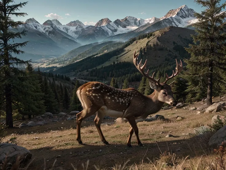 Majestic mountains,a deer, the last of us theme, zombies.