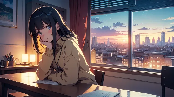 "Anime/manga style illustration in warm tones. Cozy interior with a teenage girl sitting at a desk, wearing a sweater. She is writing, with a thoughtful expression, hanging golden stars. Window with a night view of the city. Intimate and warm atmosphere wi...