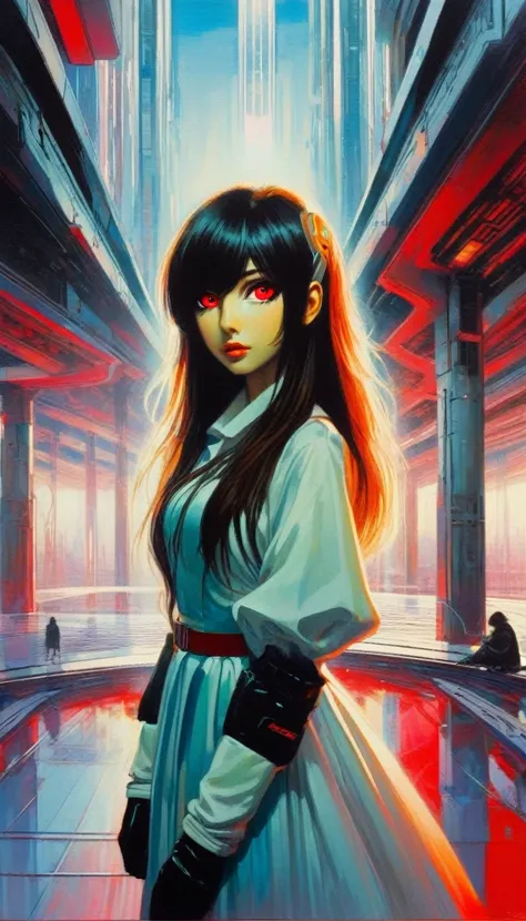 a woman dressed in anime style under a futuristic building, 1 girl, dress, alone, hair, gloves, two stories, futuristic landscape.1.5, looking at viewer, red eyes, long hair,  (art inspired by Bill Sienkiewicz). oil painting)