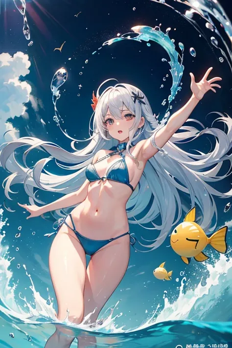 masterpiece, Highest quality, High resolution，Follow the on-screen instructions、Anime Style、Follow the on-screen instructions、One Girl、Long silver hair、Coral Reef、fish、Drop position、Reaching out to the water、Staring at the surface of the water、Deep Sea、