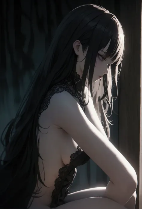 a gothic lolita girl, detailed facial features, intricate lace dress, pale skin, long dark hair, dramatic lighting, cinematic composition, highly detailed, 4k, dynamic bowed down pose, (naked body), sexy, vagina, 
