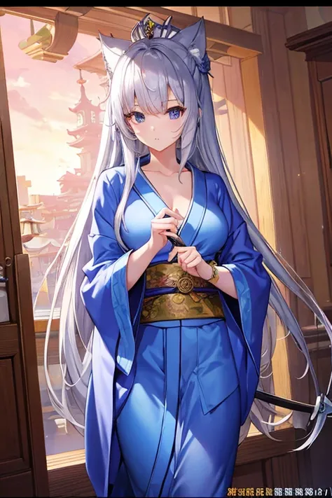 masterpiece, Highest quality, High resolution，Follow the on-screen instructions、Anime Style、Follow the on-screen instructions、One Girl、Long silver hair、Unbuttoned kimono、Lowering the sword to the waist