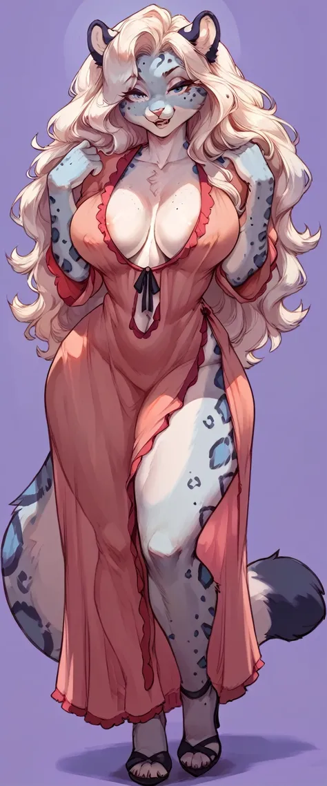 (solo) female anthro snow leopard, long fluffy hair, snow leopard, (big breasts:1.5), attractive, babydoll  pajamas dress ,  fit body, snow leopard tail,, thicc, freckles, freckles on face, smug eyes, (happy expression), she is standing look to the viewer ...