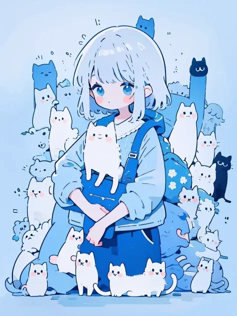 cute cat, blue tone, girl with long, straight, silver hair, has bangs.