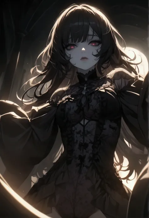 a gothic lolita girl, detailed facial features, intricate lace dress, pale skin, long dark hair, dramatic lighting, cinematic composition, highly detailed, 4k, dynamic bowed down pose, (naked body), sexy, vagina, 
