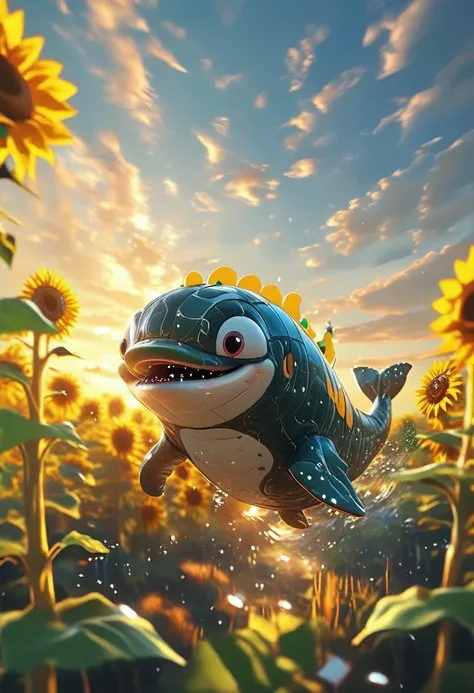 ((Masterpiece)), ((Best Quality)), (Very Detailed), ((Very Detailed)), 4K, (8K), very aesthetic, absurdres highres, A huge whale swims gracefully in the clear blue sky, drifting over a field of golden sunflowers. The summer sun softly illuminates the scene...