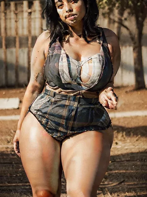 (Curvy:1.8), latina, (1girl), (straight black hair), (wearing a plaid micro skirt:1.4), (tan skin:1.4, (hourglass shape), (thick thighs:1.6)