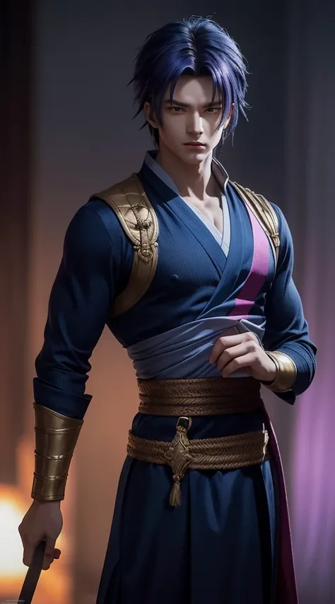 An 8k masterpiece, Highest resolution, Every detail, Meticulous details, Depth of field, bright colors, Nice layout: anime character Gohan impresses with his blue-purple hair and eyes that brightly illuminate every detail, standing on a dark and ominous ba...