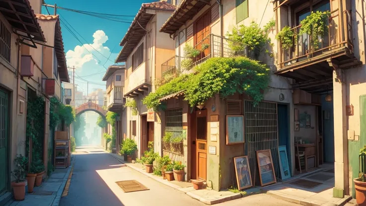 reminiscent of Studio Ghibli or Lofi illustrations ,ciudad