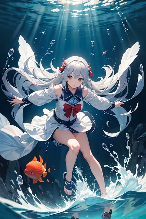 masterpiece, Highest quality, High resolution，Follow the on-screen instructions、Anime Style、Follow the on-screen instructions、One Girl、Long silver hair、Coral Reef、fish、Drop position、Falling、Look up, bend your knees, and reach your arms out toward the water...