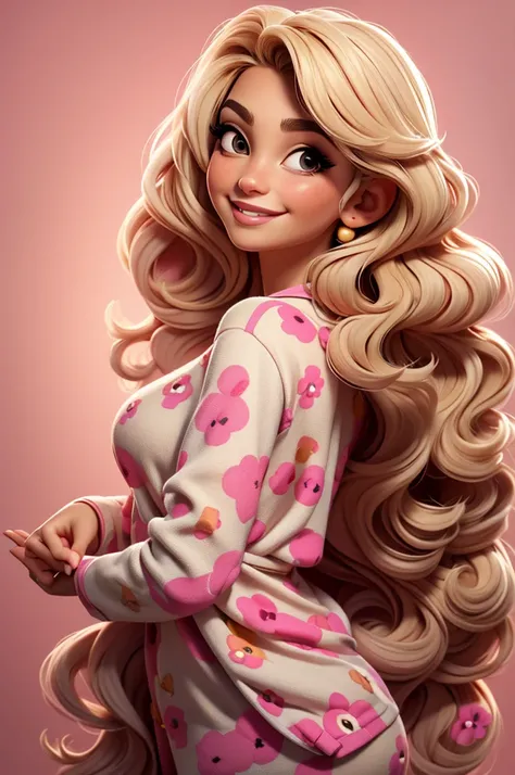 Anastasia Karanikolaou
 long hair, pajama pink with dots, blonde hair , big lips, smiling
