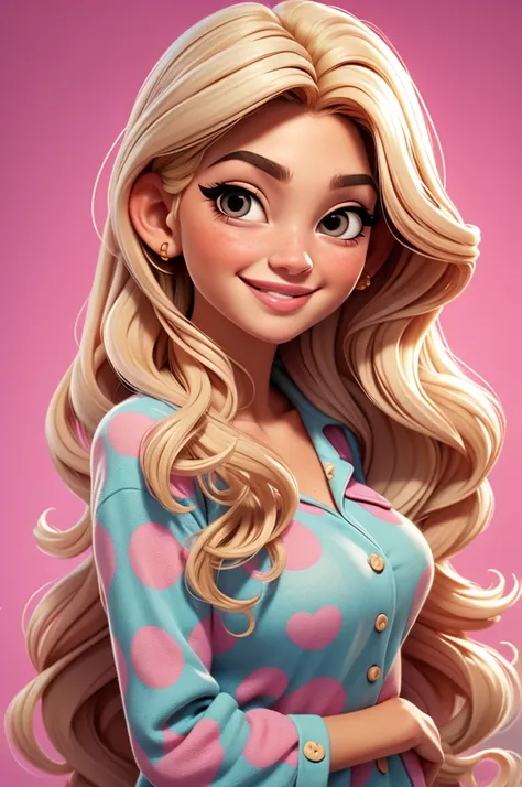 Anastasia Karanikolaou
 long hair, pajama pink with dots, blonde hair , big lips, smiling
