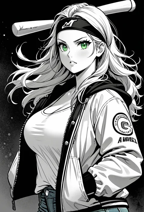 chubby girl, blonde,A green streak in her hair,  green eyes, long hair, open forehead, no bangs, shaggy hair, headband, jacket, jacket in black and white square, blue jeans, baseball bat, big breasts 