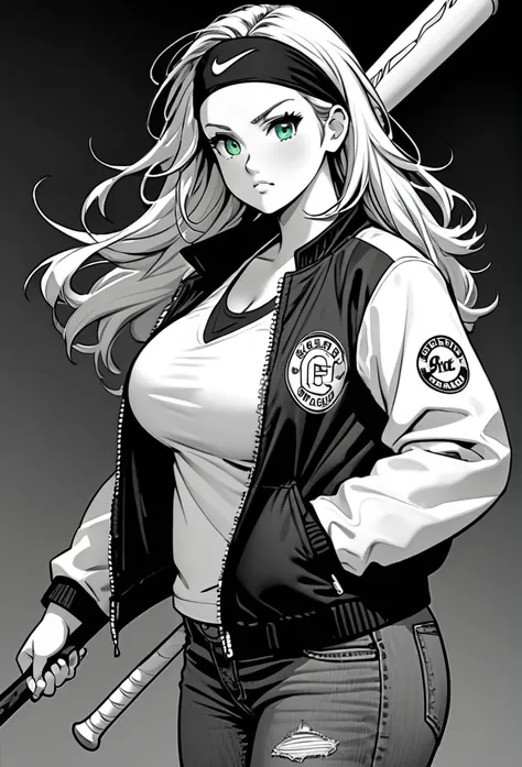 chubby girl, blonde,A green streak in her hair,  green eyes, long hair, open forehead, no bangs, shaggy hair, headband, jacket, jacket in black and white square, blue jeans, baseball bat, big breasts 