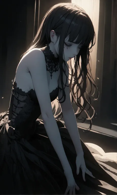 a gothic lolita girl, detailed facial features, intricate lace dress, pale skin, long dark hair, dramatic lighting, cinematic composition, highly detailed, 4k, dynamic bowed down pose, (naked body), sexy
