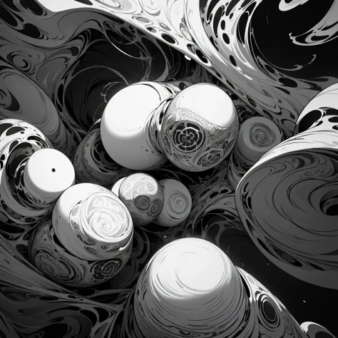 fractal patterns, abstract, black and white, chaotic forms, simple white background, epic scenemy