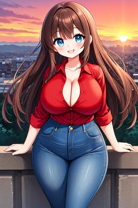 A Cute Young Woman, She has Long Lush Straight Brown Hair, Beautiful Blue Eyes, Big Breasts, Thicc Thighs, Super Wide hips, and a slightly Muscular Body. She is wearing a Plain Red Shirt, and Blue Jeans. Standing On a Hill outside the city, low cleavage, c...