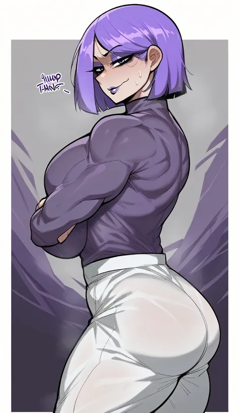 score_9, score_8_up, score_7_up, score_6_up, score_5_up, score_4_up, BREAK 1girl, ((muscular body:1)), intricate, (eyeliner:1.2), looking at viewer, bob hairstyle, purple hair, detailed background, (masterpiece, high quality:1), backshot, looking at viewer...